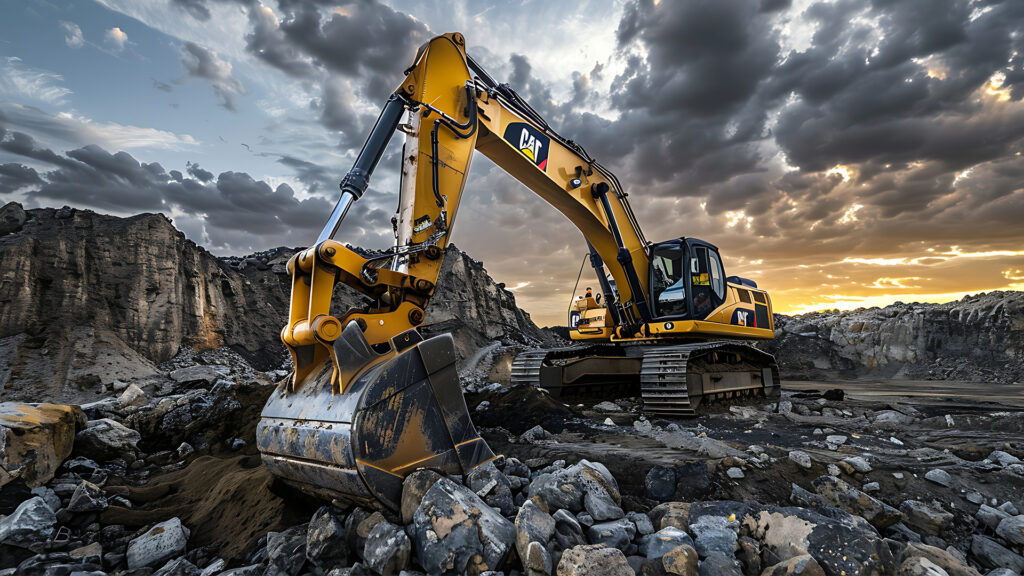 Excavator with digging bucket in a quarry