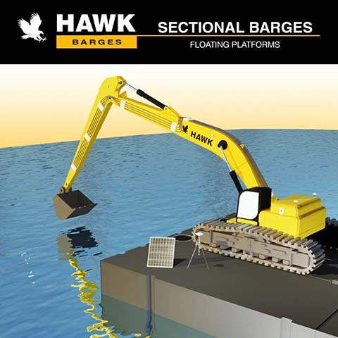 hawk sectional barge tracks excavator on barge